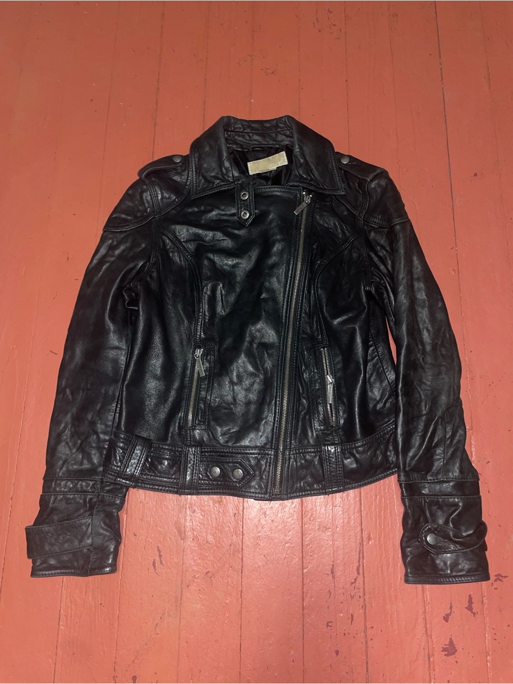 Black Leather Moto Jacket - Women's Classic Biker Coat Michael kors vtg